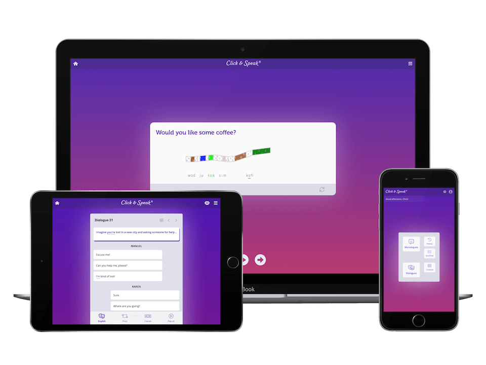 Screenshots of Click & Speak on desktop, tablet and smartphone.